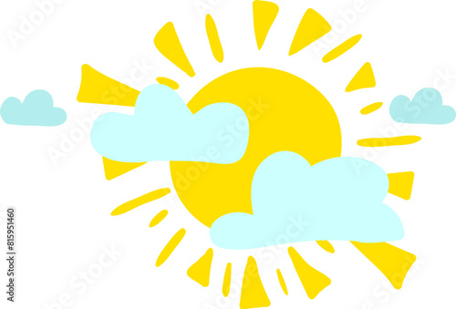 Hot summer sun hid behind clouds drawn by child. Bright childish careless sunny weather drawing for design of festive spring banner. Flat hand drawn vector element isolated on white background