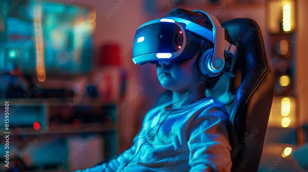 Obraz premium A boy wearing virtual reality glasses sits on a sofa in a futuristic living room. 