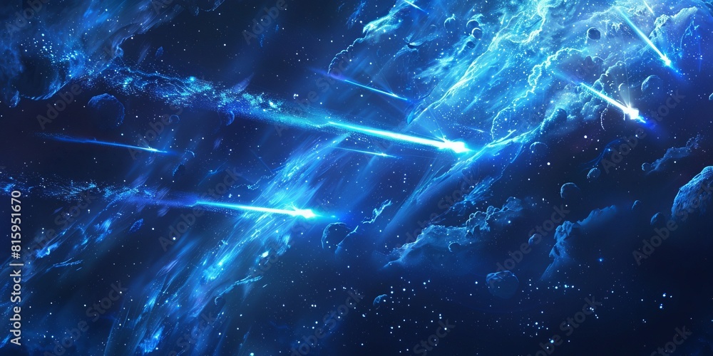 Realistic comets and asteroids, shooting space stars with trails in sky. bolides with blue luminous traces streak across night heaven. Cosmic fireball, meteor, meteorites in galaxy or cosmos Realistic comets and asteroids, shooting space stars with trails in sky. bolides with blue luminous traces streak across night heaven. Cosmic fireball, meteor, meteorites in galaxy or cosmos