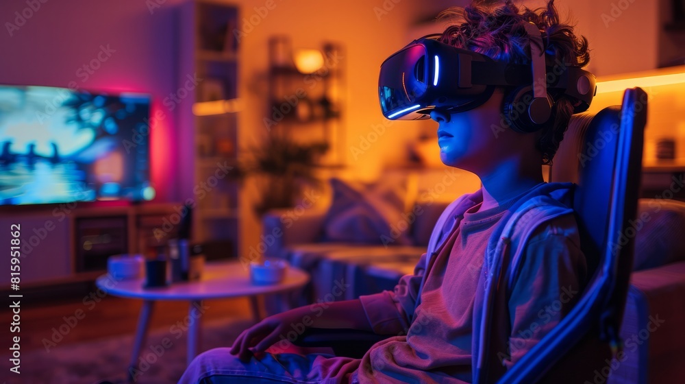 A boy wearing virtual reality glasses sits on a sofa in a futuristic living room. 