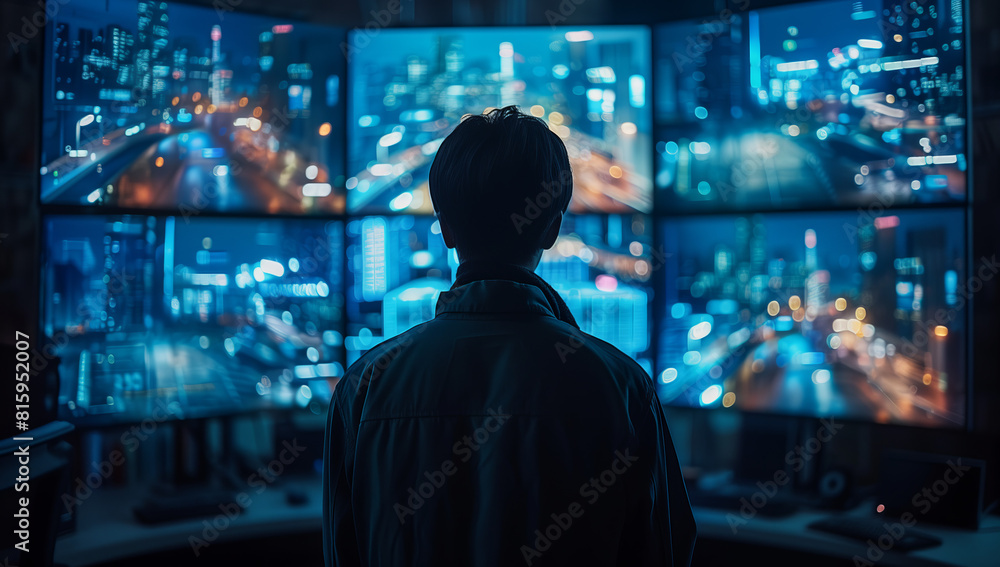 Person Analyzing Multiple Cityscape Screens in Dark Room, Technology and Surveillance Concept, Cybersecurity, Data Analysis, Urban Traffic Monitoring, Digital Interface, Nighttime, High-Tech Setup Person Analyzing Multiple Cityscape Screens in Dark Room, Technology and Surveillance Concept, Cybersecurity, Data Analysis, Urban Traffic Monitoring, Digital Interface, Nighttime, High-Tech Setup