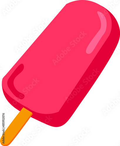 Glazed ice cream on stick drawn by child. Bright childish careless strawberry popsicle drawing for design of festive spring banner. Flat hand drawn vector element isolated on white background