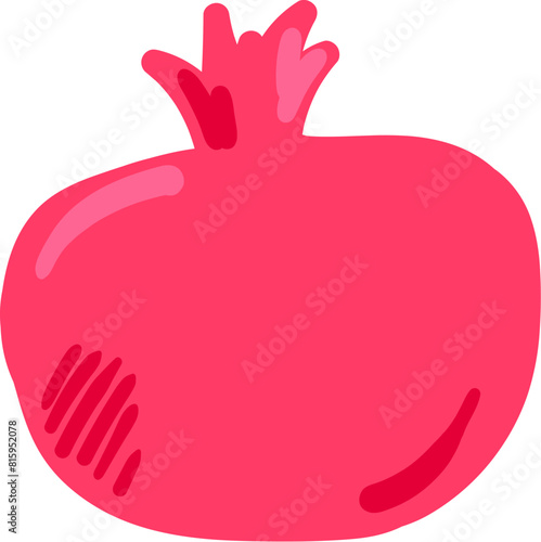 Red juicy pomegranates drawn by child. Bright childish careless pomegranate fruit drawing for design of festive spring banner. Flat hand drawn vector element isolated on white background
