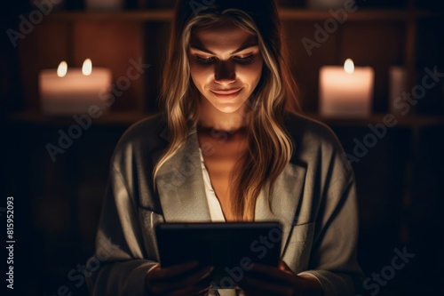 portrait of a beautiful woman using the tablet in a dark room