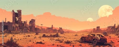 A post-apocalyptic wasteland stretching as far as the eye can see, with crumbling buildings and rusting machinery scattered across the desolate landscape.   illustration. photo