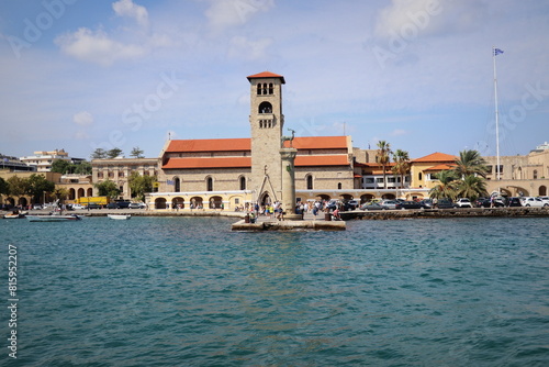 Rhodes old town panoramic view in Rhodes island in Greece. Church of the Annunciation of the Virgin Mary on the island of Rhodes, Greece