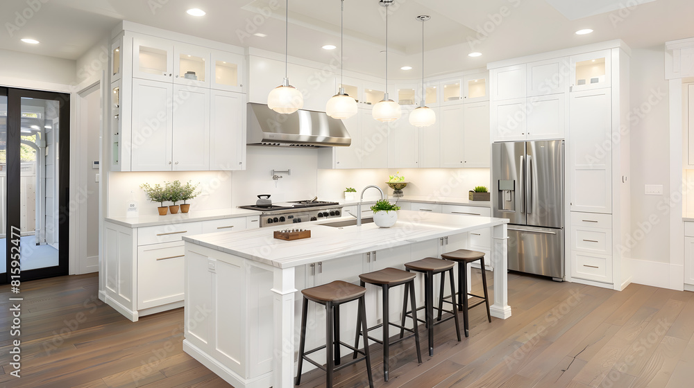 Beautiful kitchen in new luxury home with large waterfall island stainless steel appliances white cabinets and hardwood floors : Generative AI Beautiful kitchen in new luxury home with large waterfall island stainless steel appliances white cabinets and hardwood floors : Generative AI