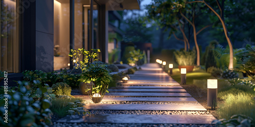  Modern house with illuminated garden and outdoor steps at dusk with posts lighting up an outdoor garden in the backyard during the night hours for Modern gardening landscaping design
 photo