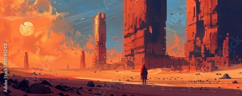 A cybernetic wasteland where the ruins of civilization are swallowed by the encroaching sands, their silent streets haunted by the ghosts of the past.   illustration. photo