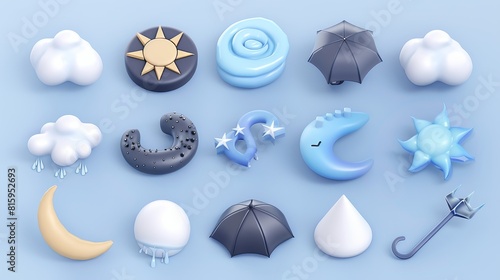 The following 3D renderings depict weather elements in 3D, namely a smiling sun, black or white clouds, lightning, raindrops, wind, fog, umbrellas, tornadoes, and crescents with stars for the photo