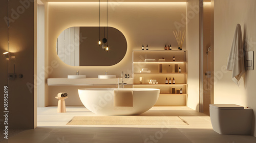 Interior of light bathroom with bathtub shelving unit and dressing table   Generative AI