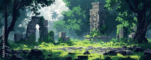 A mystical forest filled with ancient ruins and forgotten temples, where crumbling stone structures and overgrown foliage conceal secrets of the past, and the echoes of lost civilizations linger in