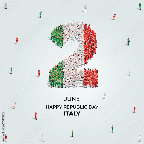 Happy Republic Day Italy. A large group of people form to create the number 2 as Italy celebrates its Republic Day on the 2nd of june. Vector illustration.