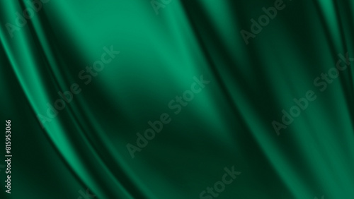 Green drapery silk fabric luxury background. Wavy abstract satin cloth vector texture pattern. Smooth shiny drape material curtain. Elegant velvet curve motion image realistic horizontal design.