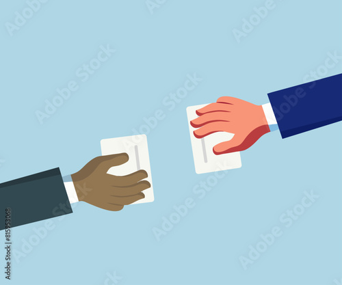 Two hand exchange business cards with diversity theme