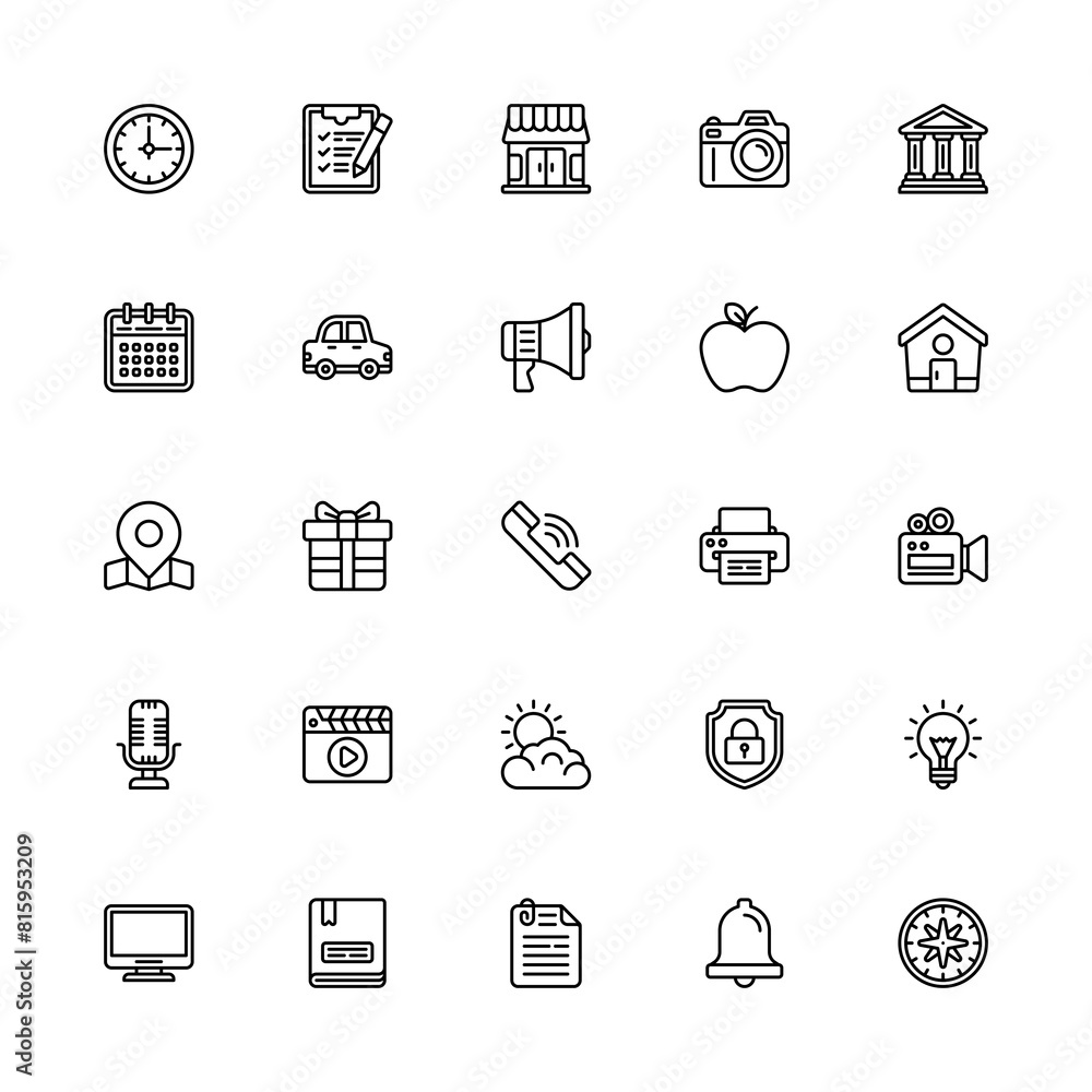 Miscellaneous Icons Set Line Style. Time, List, Store, Car, Apple, Phone And More Icon. Vector Illustration Design Element Miscellaneous Icons Set Line Style. Time, List, Store, Car, Apple, Phone And More Icon. Vector Illustration Design Element
