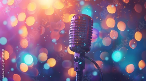 colorful stage microphone closeup with concert lights background music performance photo