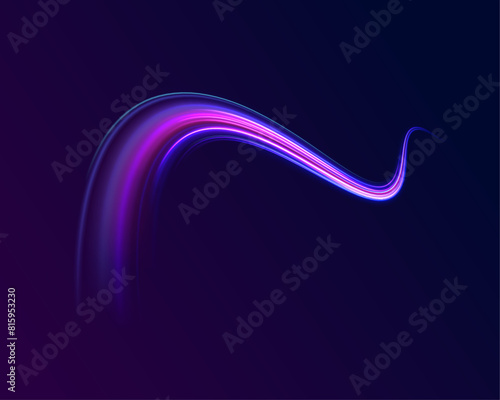 Light arc in neon colors, in the form of a turn and a zigzag. Illustration of light ray, stripe line with blue light, speed motion background. Panoramic high speed technology concept, light abstract. 