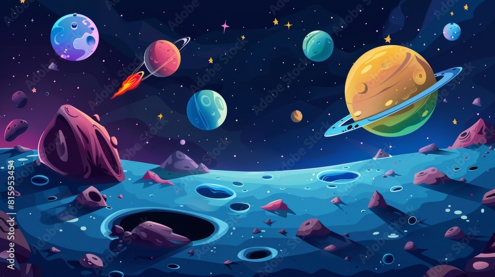 Illustration depicting craters, stars, planets, comets, and asteroids on the moon's surface as well as fantasy alien planets and meteors in outer space. Illustration depicting craters, stars, planets, comets, and asteroids on the moon's surface as well as fantasy alien planets and meteors in outer space.