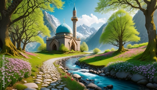 Beautiful, fantasy mosque in a spring forest aside a cobblestone path and a babbling brook. Stone wall. Mountains in the distance. Magical tone and feel, hyper realistic.