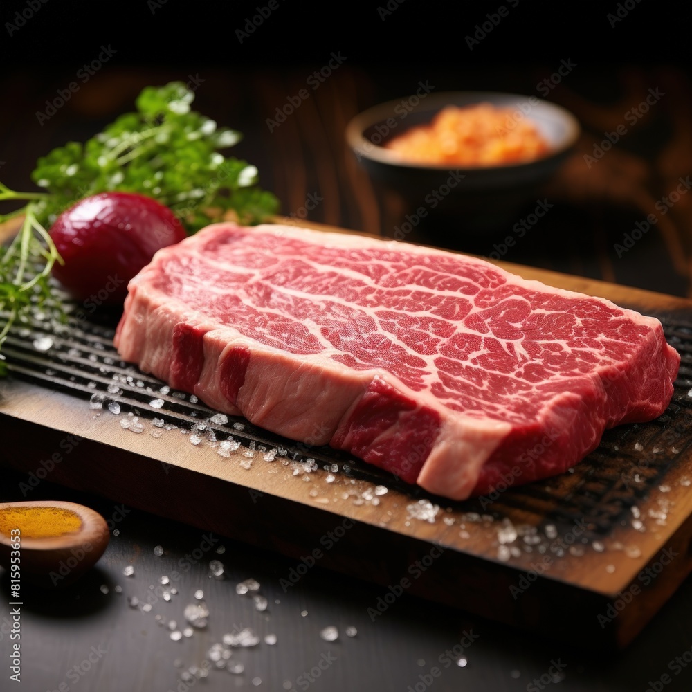 A slab of meat with a few pieces of fruit on top of it A slab of meat with a few pieces of fruit on top of it