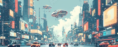 A futuristic metropolis where sleek hovercars glide silently above immaculate streets, while holographic advertisements vie for attention.   illustration. photo