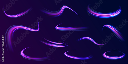 Purple glowing wave swirl, impulse cable lines. Long time exposure. High speed effect motion blur night lights blue and red