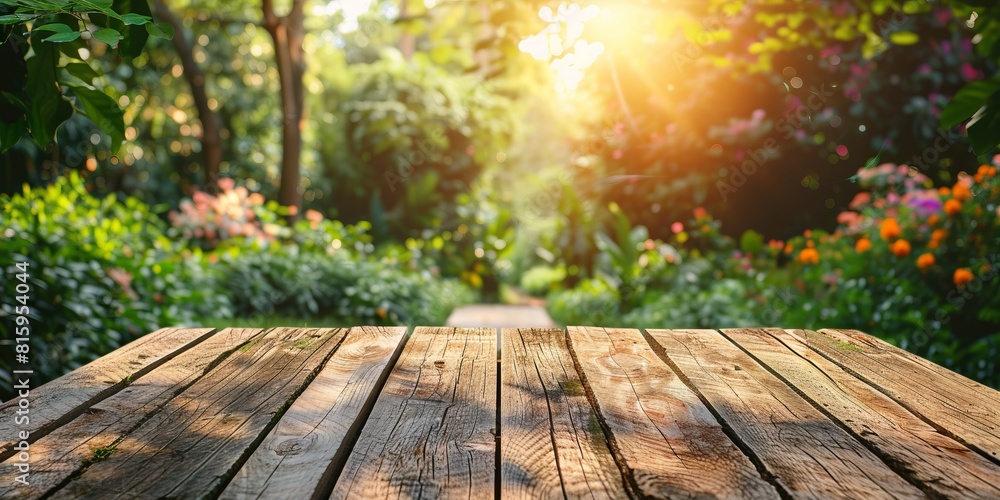 The empty wooden table top with blur background of English garden. illustration The empty wooden table top with blur background of English garden. illustration