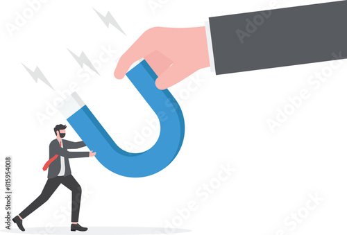 Compete for popularity or attention. Businessmen fight over magnets

