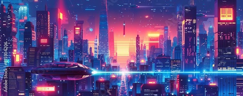 A futuristic metropolis where sleek hovercraft zip through the air amidst skyscrapers adorned with holographic advertisements.   illustration. © Coosh448