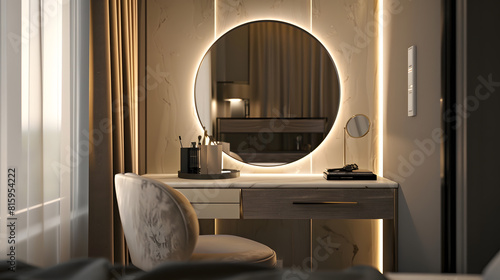 Dressing table with elegant round mirror Interior design and home staging : Generative AI photo