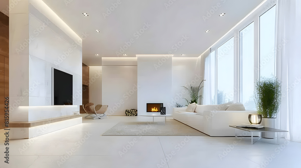 Luxury fashionable modern design studio apartment with a free layout in a minimal style very bright huge spacious room with white walls and wooden elements sitting area with fireplace : Generative AI Luxury fashionable modern design studio apartment with a free layout in a minimal style very bright huge spacious room with white walls and wooden elements sitting area with fireplace : Generative AI
