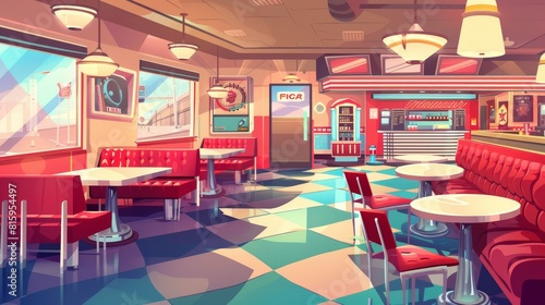 American retro 50s diner interior design. Modern contemporary cartoon illustration. Vintage fast food cafe with red couches  chairs  tables  jukebox  and coffee machine.