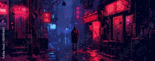 A neon-lit cyberpunk alleyway bustling with activity, its shadowy corners hiding secrets and intrigue beneath the glow of neon signs. illustration.