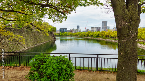 Public park next to Osaka Castle with a tranquil river and large trees, Osaka, Japan.