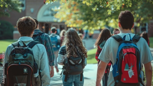 Students seen from the back, walking towards the school entrance, their steps brisk and backpacks bobbing