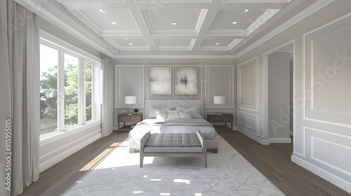 Beautiful Gray Custom Master Bedroom Complete with Entire Wainscoting Wall Fresh Paint Crown and Base Molding Hard Wood Floors and Coffered Ceiling : Generative AI photo