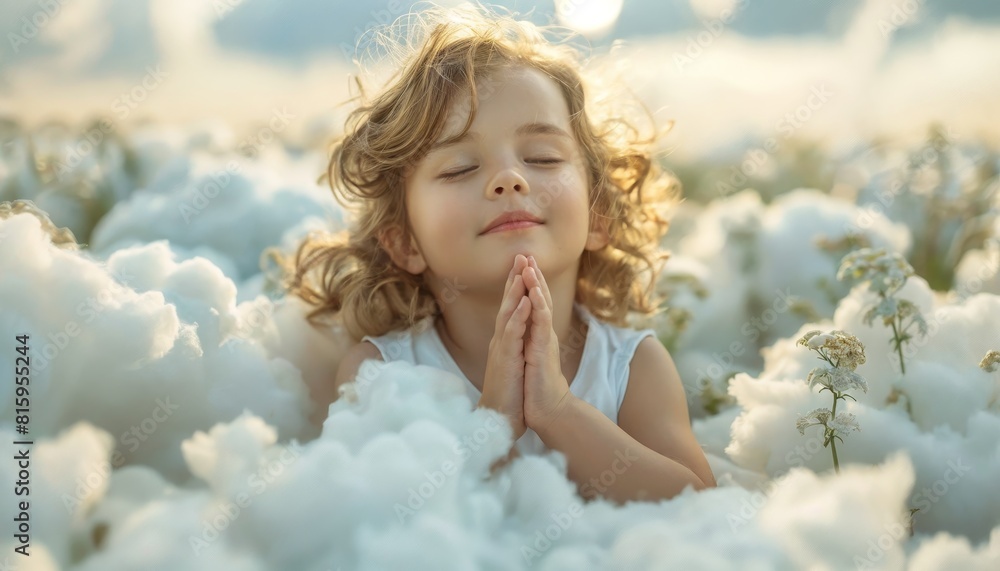 Angelic toddler clasping hands serenely with closed eyes on ethereal clouds of white. Angelic toddler clasping hands serenely with closed eyes on ethereal clouds of white.