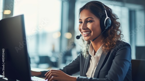 Young joyful mixed-race girl call center agent answering calls and typing emails on a desktop computer with a headphone. A Hispanic customer care representative smiles with a headset.