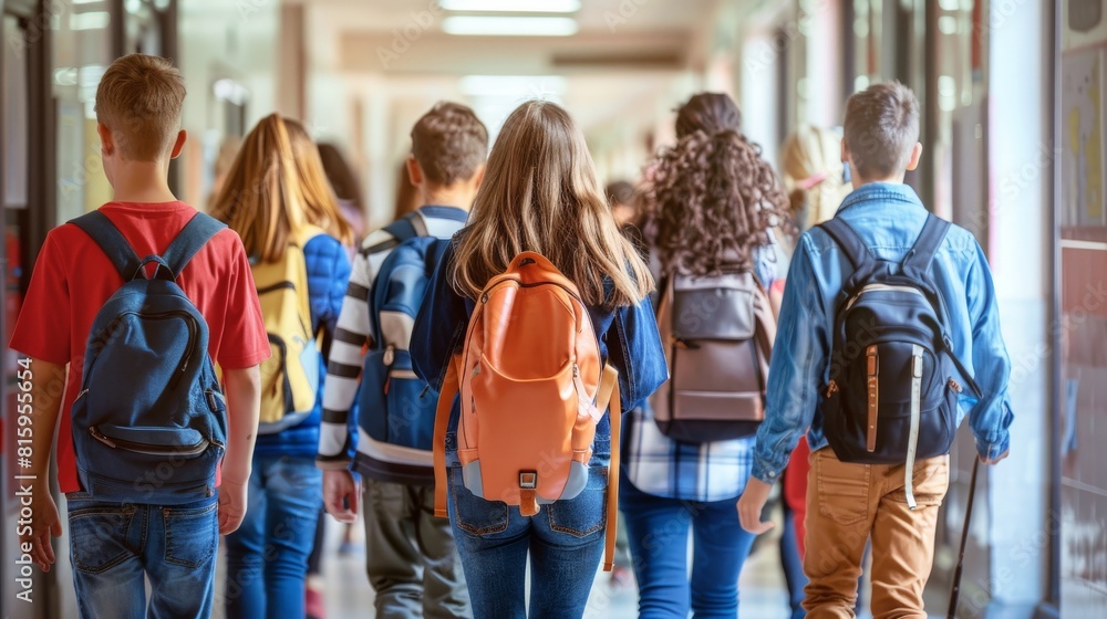 Students seen from the back, walking towards the school entrance, their steps brisk and backpacks bobbing Students seen from the back, walking towards the school entrance, their steps brisk and backpacks bobbing