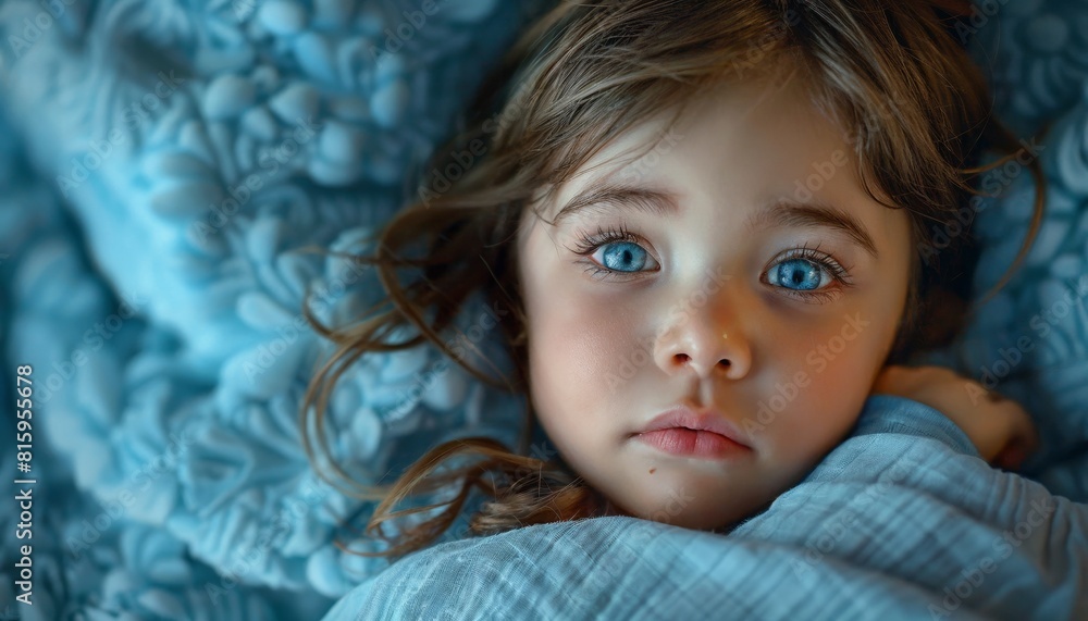 Toddler in peaceful slumber, thumb in mouth looking blissfully cozy on soft powder blue. Toddler in peaceful slumber, thumb in mouth looking blissfully cozy on soft powder blue.