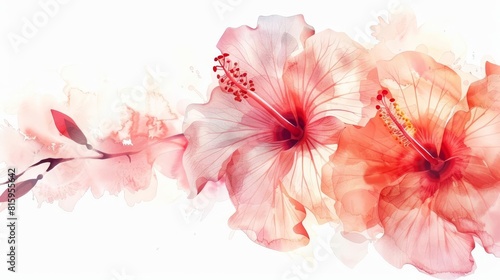 Fototapeta Naklejka Na Ścianę i Meble -  delicate watercolor hibiscus flowers on white background artistic summer template digital painting