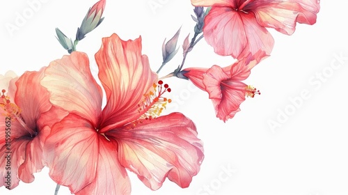 Fototapeta Naklejka Na Ścianę i Meble -  delicate watercolor hibiscus flowers on white background artistic summer template digital painting