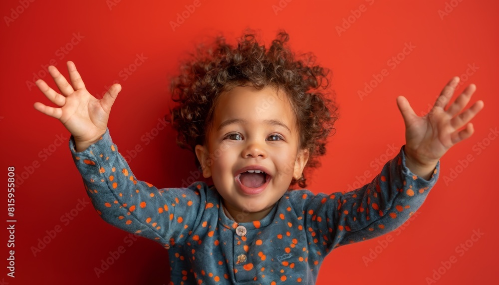 Toddler squealing with unbridled joy, arms flung wide on a vibrant red background. Toddler squealing with unbridled joy, arms flung wide on a vibrant red background.