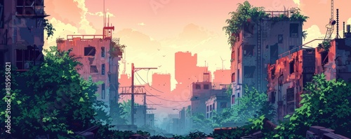 A post-apocalyptic cityscape where nature reclaims the urban landscape, with vines and ivy crawling over crumbling buildings and rusted infrastructure.   illustration. photo