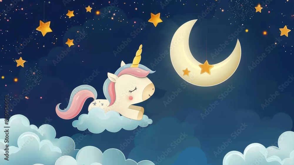 Night sky unicorn with moon, stars, and clouds. Baby dream wallpaper with crescent and flying pony illustration. Blue magic fantasy landscape for nursery or website. Night sky unicorn with moon, stars, and clouds. Baby dream wallpaper with crescent and flying pony illustration. Blue magic fantasy landscape for nursery or website.