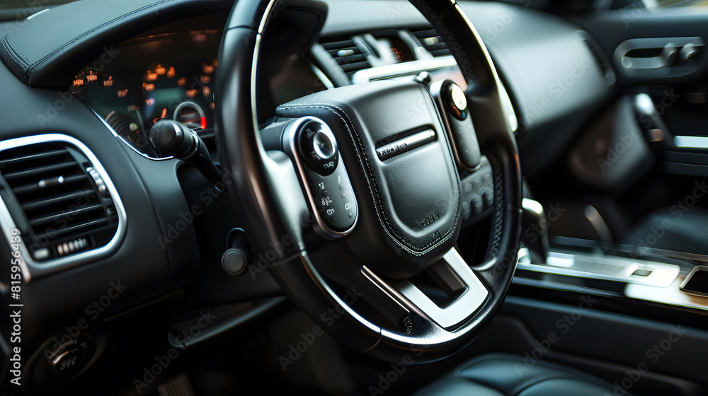 Modern black car interior leather steering wheel climate control navigation air ducts deflectors on the car panel Details interior : Generative AI