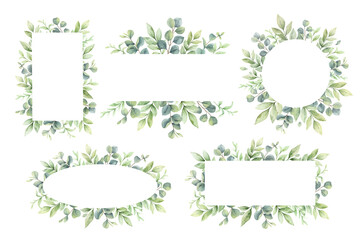 Eucalyptus leaves and greenery frames set.  Watercolor green leaves and branches. Arrangement for invitations, greeting cards, save the date, albums. Hand drawn illustration.