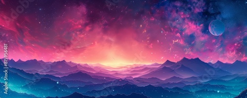 A cosmic dreamscape where planets orbit distant stars, and nebulae paint the sky with vibrant hues of blue and purple.   illustration. photo