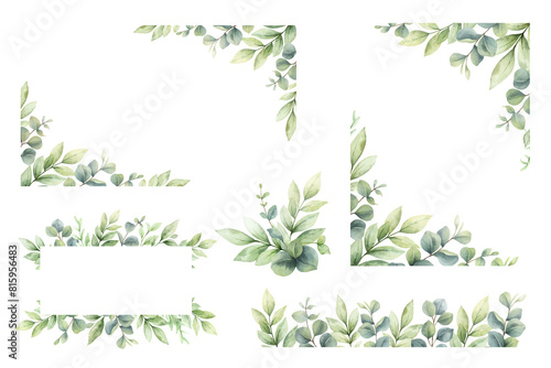 Eucalyptus leaves and greenery borders set.  Watercolor green leaves and branches. Clipart for invitations, greeting cards, save the date, stationery design. Hand drawn illustration.